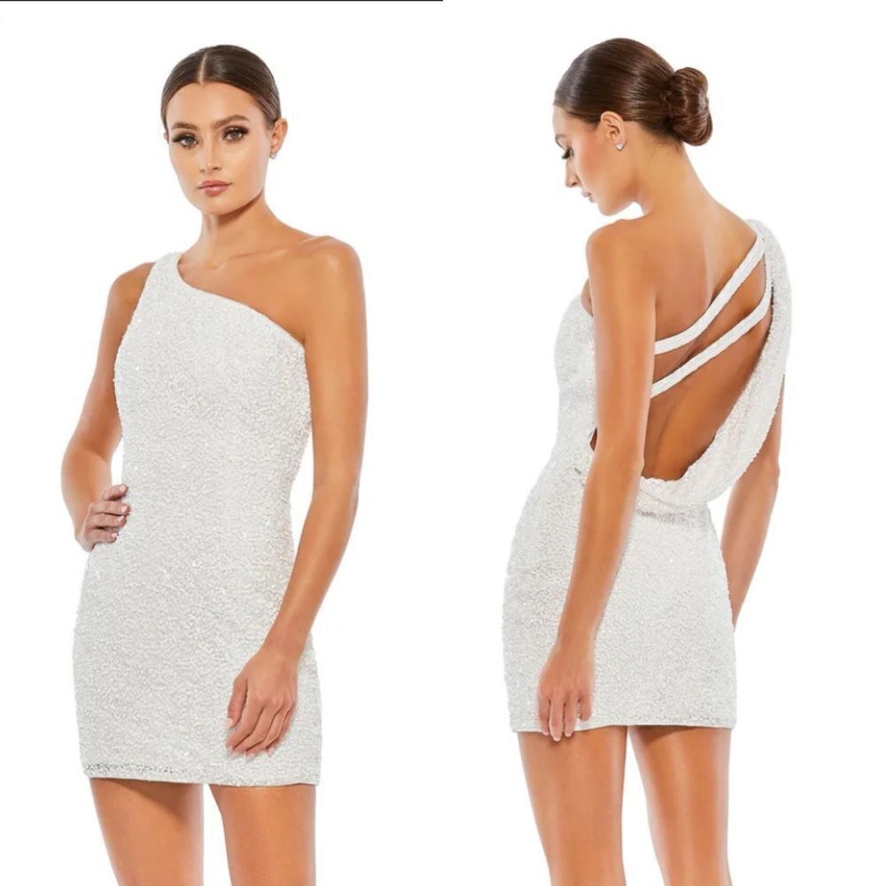 Mac Duggal sequin white one shoulder mini dress party cocktail Sz 8 New 5263